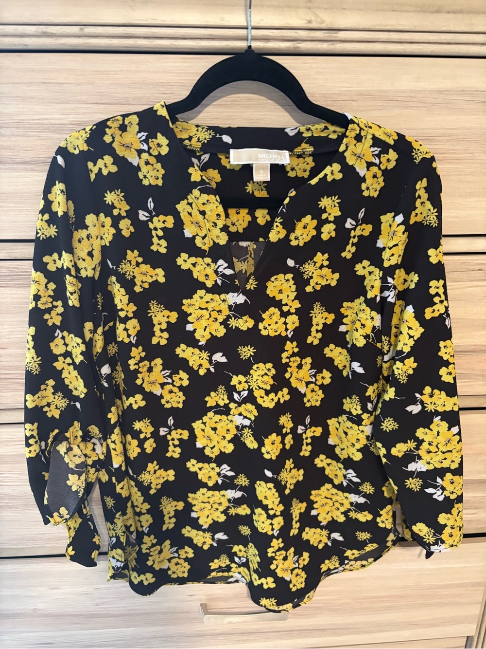 Michael Kors Black Floral V-Neck Blouse with Yellow Print